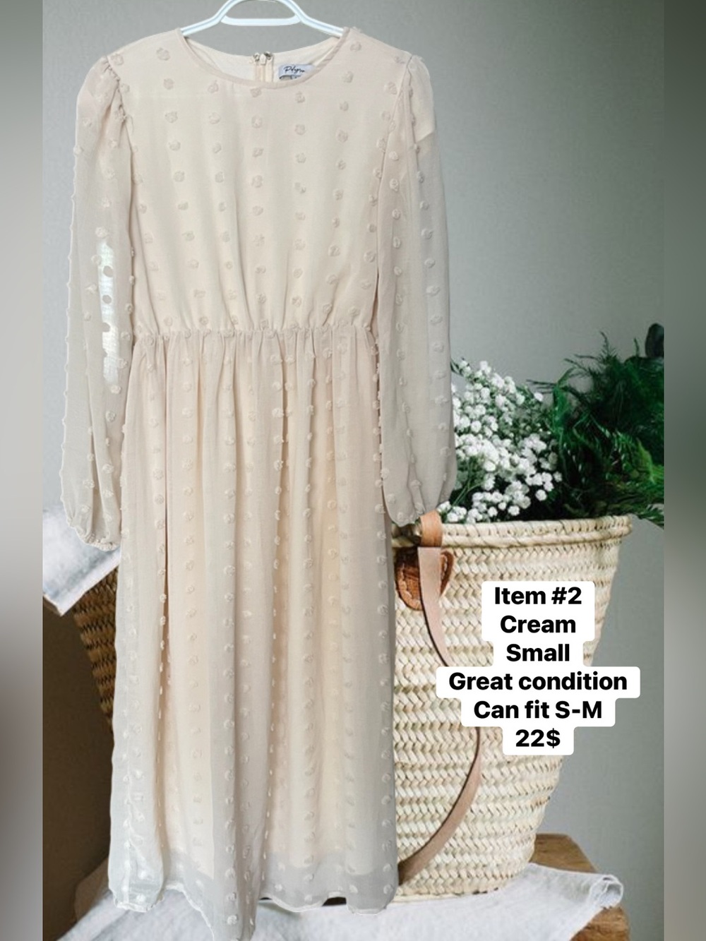 Cream Textured Long Sleeve Dress by